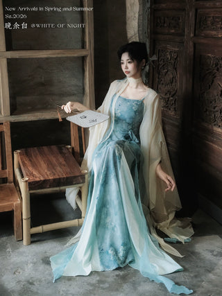 Modern Han-Style: Embroidered Sheer Wide Sleeve Overlay and Dress Set (Small Size) - Chun Bu Wu
