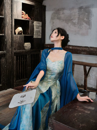 Modern Han-Style: Embroidered Sheer Wide Sleeve Overlay and Dress Set (Large Size) - Qing Shan Xing