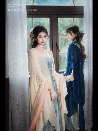 Modern Han-Style: Embroidered Sheer Wide Sleeve Overlay and Dress Set (Small Size) - Chun Bu Wu