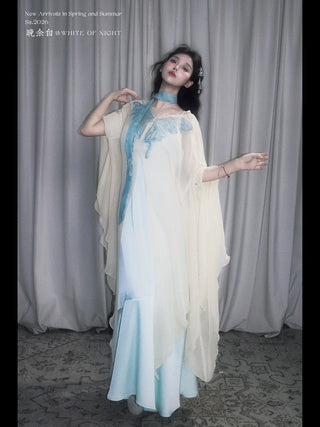 Modern Han-Style: Embroidered Sheer Wide Sleeve Overlay and Dress Set (Small Size) - Chun Bu Wu