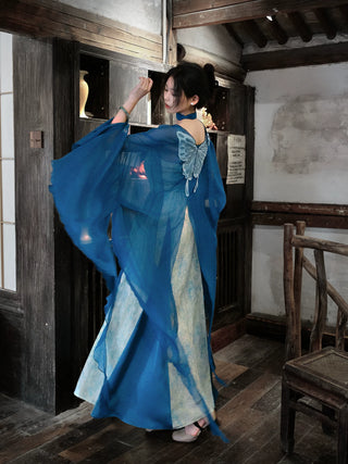 Modern Han-Style: Embroidered Sheer Wide Sleeve Overlay and Dress Set (Large Size) - Qing Shan Xing