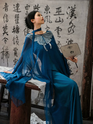 Modern Han-Style: Embroidered Sheer Wide Sleeve Overlay and Dress Set (Large Size) - Qing Shan Xing