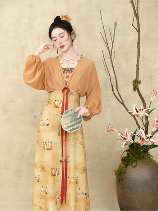 Modern Han-Style: Printed Embroidered Faux Two-Piece Dress - Dao Lian Tu (Medium Size)