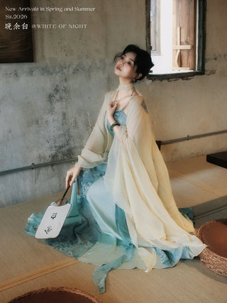 Modern Han-Style: Embroidered Sheer Wide Sleeve Overlay and Dress Set (Small Size) - Chun Bu Wu