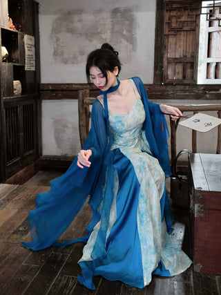 Modern Han-Style: Embroidered Sheer Wide Sleeve Overlay and Dress Set (Large Size) - Qing Shan Xing