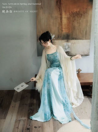 Modern Han-Style: Embroidered Sheer Wide Sleeve Overlay and Dress Set (Small Size) - Chun Bu Wu