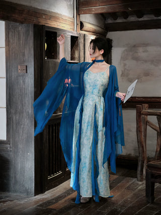 Modern Han-Style: Embroidered Sheer Wide Sleeve Overlay and Dress Set (Large Size) - Qing Shan Xing