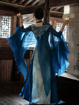 Modern Han-Style: Embroidered Sheer Wide Sleeve Overlay and Dress Set (Large Size) - Qing Shan Xing