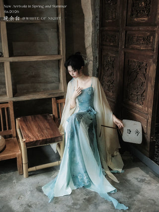 Modern Han-Style: Embroidered Sheer Wide Sleeve Overlay and Dress Set (Small Size) - Chun Bu Wu