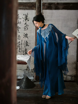 Modern Han-Style: Embroidered Sheer Wide Sleeve Overlay and Dress Set (Large Size) - Qing Shan Xing