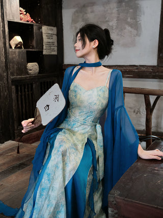 Modern Han-Style: Embroidered Sheer Wide Sleeve Overlay and Dress Set (Large Size) - Qing Shan Xing