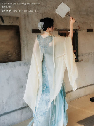 Modern Han-Style: Embroidered Sheer Wide Sleeve Overlay and Dress Set (Small Size) - Chun Bu Wu