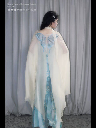 Modern Han-Style: Embroidered Sheer Wide Sleeve Overlay and Dress Set (Small Size) - Chun Bu Wu