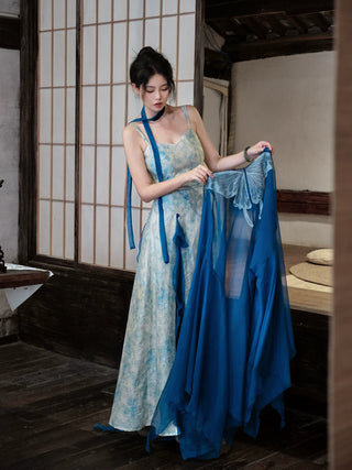 Modern Han-Style: Embroidered Sheer Wide Sleeve Overlay and Dress Set (Large Size) - Qing Shan Xing