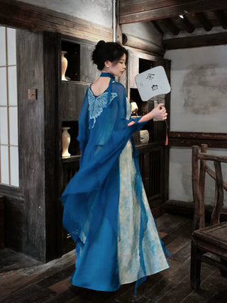 Modern Han-Style: Embroidered Sheer Wide Sleeve Overlay and Dress Set (Large Size) - Qing Shan Xing
