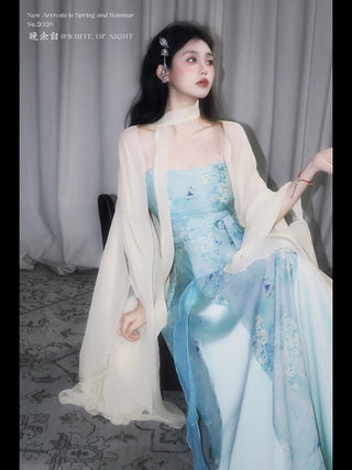 Modern Han-Style: Embroidered Sheer Wide Sleeve Overlay and Dress Set (Small Size) - Chun Bu Wu