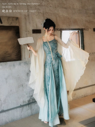 Modern Han-Style: Embroidered Sheer Wide Sleeve Overlay and Dress Set (Small Size) - Chun Bu Wu
