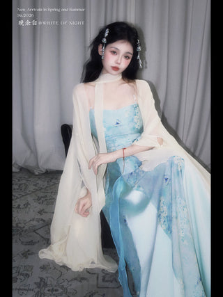 Modern Han-Style: Embroidered Sheer Wide Sleeve Overlay and Dress Set (Small Size) - Chun Bu Wu